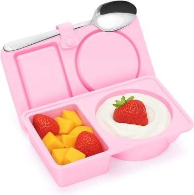 سعر جيد حاويات وجبات خفيفة قابلة لإعادة الاستخدام من السيليكون مع أغطية ، 3 حزمة مقصورة مزدوجة / 2 علبة وجبات خفيفة حاوية للصلصة السلطة ، حاويات التوابل مع أغطية لمراقبة الحصص ، السفر ، النزهة الانترنت