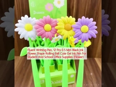 قلم الكتابة السائل، 12 قطعة 0.5 مم حبر أسود شكل زهرة الكرة المتحركة قلم حبر جيل لطيف لمستلزمات المكتب للطلاب والمدارس (زهرة)